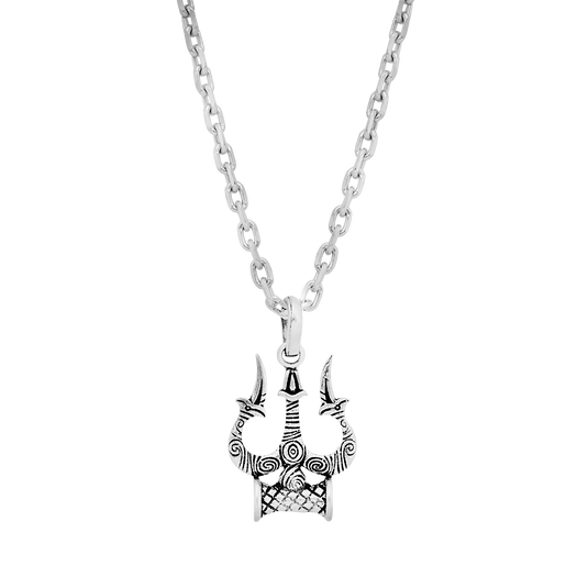 Oxidised Silver Trident Pendant with Box Chain For Him